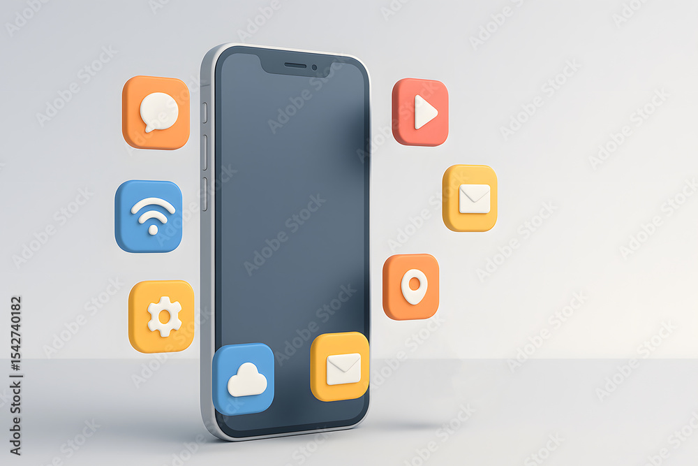 Aufkleber modern smartphone surrounded by colorful application icons and symbols