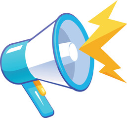 Modern blue megaphone with yellow lightning bolt graphic