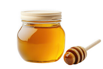 Delicious organic honey in glass jar with wooden dipper, sweet golden nectar, natural food, healthy isolated on transparent background