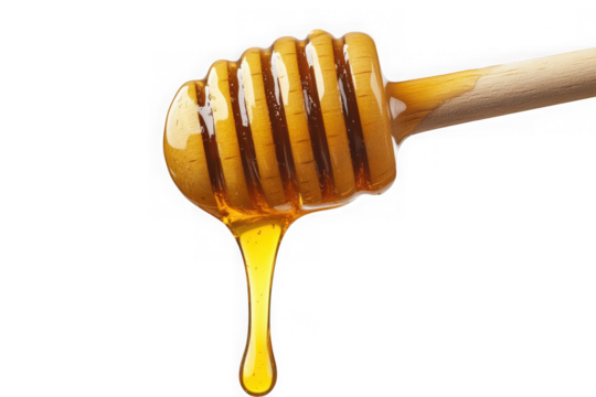 Golden honey dripping from wooden dipper, sweet nectar, healthy food, natural sweetener stock photo isolated on transparent background