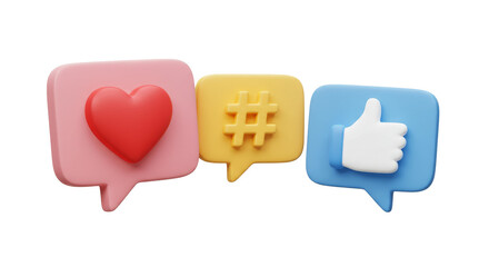 Social Media Icons: Like, Love, & Hashtag - 3D Render