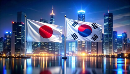 Japan and South Korea A Nighttime Cityscape with Flags