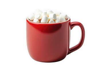 Red mug filled with marshmallows, hot chocolate, cocoa, coffee, tea, sweet treat, winter drink, holiday, isolated on transparent background