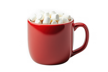 Red mug filled with marshmallows, hot chocolate, cocoa, coffee, tea, sweet treat, winter drink, holiday, isolated on transparent background