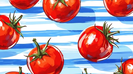 Trendy seamless Summer Tropical Bliss Vacation Seamless pattern with tomatoes and striped background Acrylic style , Design for fashion , fabric, textile, and all prints