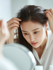 탈모를 걱정하며 머리카락을 확인하는 여성
