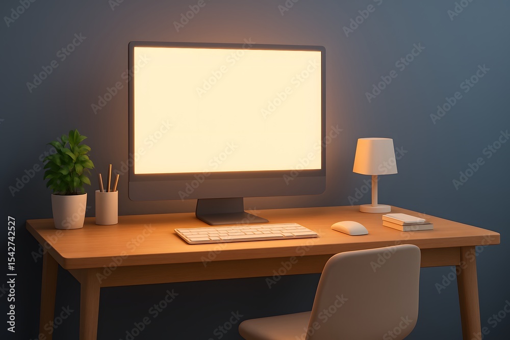 Poster Modern Workspace with Blank Computer Screen and Minimalist Decor