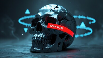 A cracked black skull with a vibrant 'Scam Alert' ribbon, set against a dark, atmospheric background with digital sound waves.