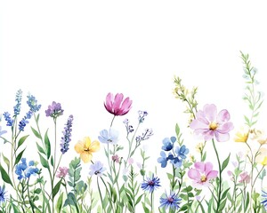Watercolor Wildflower Border , Delicate Floral Meadow Seamless Pattern