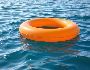 a vibrant orange float gently drifting on calm ocean waters, positioned at the bottom with clear copy space at the top for text or graphics.