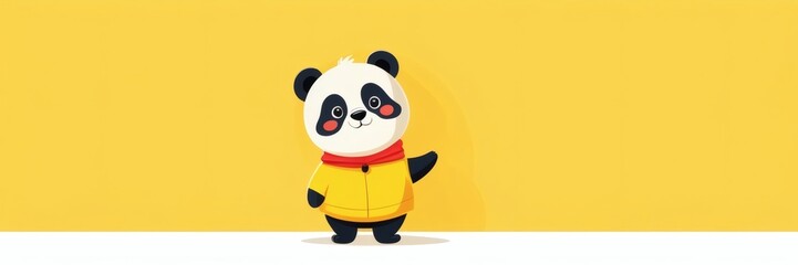 Cute cartoon panda wearing a yellow jacket and red scarf waving its paw against a solid yellow background
