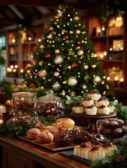 Naklejka premium Festive Christmas display of baked goods on a counter in a cozy room