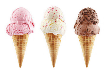 Delicious ice cream cones strawberry vanilla chocolate flavors sweet dessert food photography isolated on transparent background