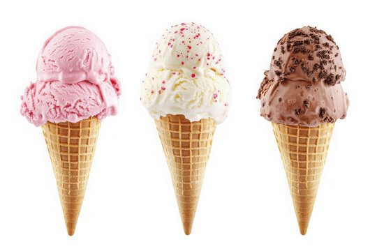 Delicious ice cream cones strawberry vanilla chocolate flavors sweet dessert food photography isolated on transparent background - Powered by Adobe