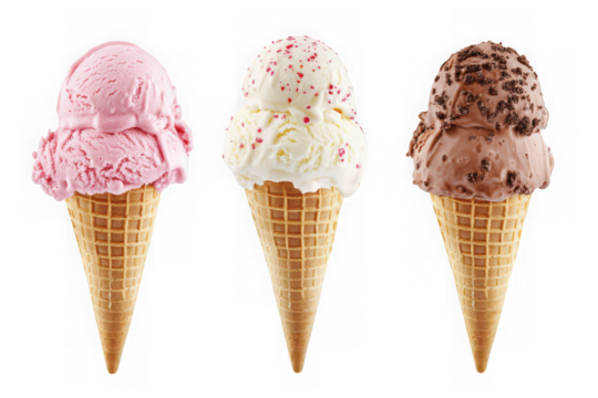 Delicious ice cream cones strawberry vanilla chocolate flavors sweet dessert food photography isolated on transparent background