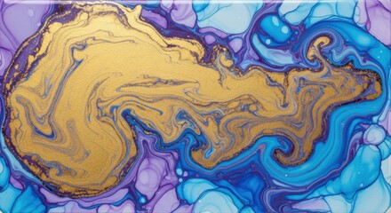 Golden Swirls and Blue Hues Abstract Fluid Art Painting