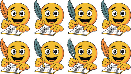 Happy emoji writing with quill pen on paper representing communication and ideas