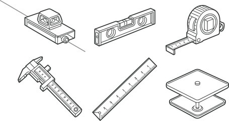 Isometric vector illustration of construction tools for measurements and leveling purposes