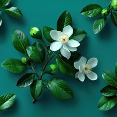 Fototapeta premium Floral pattern of white flowers and green leaves