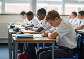 Sad schoolboy feeling alone and rejected, sitting at his desk with his head down while his classmates are laughing in the background