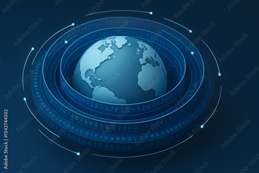 Poster Digital Globe Surrounded by Circular Data Waves and Binary Code