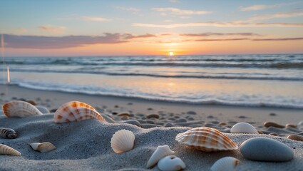 Obraz premium Seashells Scattered on Sandy Beach at Sunset with Ocean View