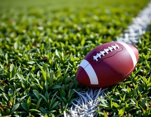 single american football on vibrant green grass field, on right with copy space on left.