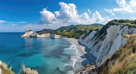 Panoramic coastal view.  White cliffs, turquoise water, sandy beach,  blue sky with clouds