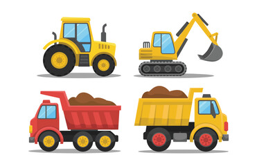 Tractor, Excavator, Dump Truck Cartoon Vector Collection

