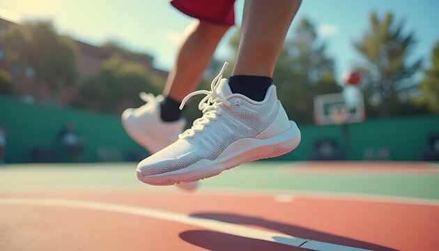 Jumping on Basketball Court with White Athletic Shoes and Red Shorts
