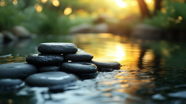 Serene Stream Stones: Smooth, dark stones stacked in a pyramid shape rest gently in a calm, flowing stream at sunset. The warm light reflects on the water, creating a tranquil and peaceful atmosphere.
