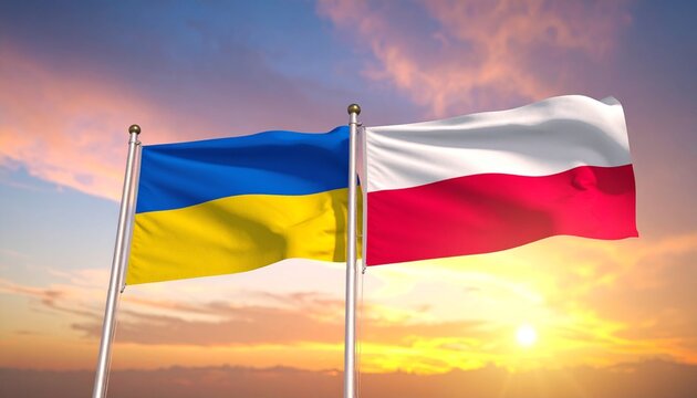 Ukraine and Poland Flags waving at sunset, symbolizing solidarity and support