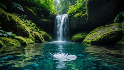 Fototapeta premium Waterfall and Feather Serenity Tranquil Water Scene with Mossy Rocks