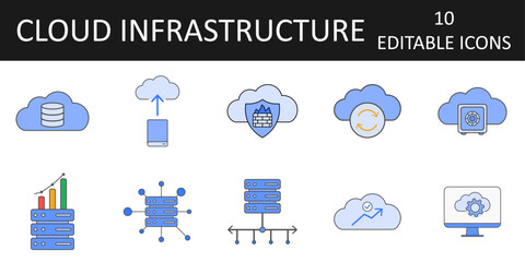 Cloud Infrastructure Icons including cloud storage vault, server cluster, sync, load balancer, auto-scaling, firewall, virtual machine, cloud database, uptime monitor, and cloud migration.