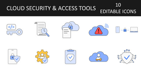Cloud Security & Access Tools Icons including SSO, MFA, cloud access policy, RBAC, audit trail, zero-trust security, encryption in transit, breach alert, API token management, and compliance report.