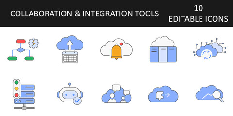 Collaboration & Integration Tools Icons including project board, collaboration hub, automated workflow, app integration, status page, data sync, cloud notifications, task bot, backup scheduler.