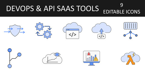DevOps & API SaaS Tools Icons including API gateway, CI/CD pipeline, code deployment, container orchestration, serverless function, cloud IDE, version control, error logging, and DevOps monitoring.