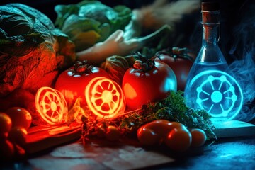 Visual concept of vegetables glowing under toxic chemical symbols, surreal danger alert vibe
