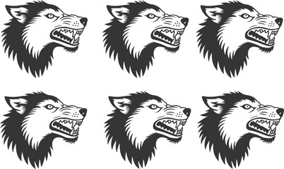 Obraz premium Vector illustration of a growling wolf head in black and white design multiple instances