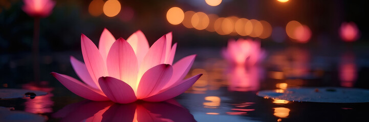 Fototapeta premium Glowing pink lotus flower floating on dark water with soft reflections and blurred warm bokeh lights in the background, symbolizing peace and beauty