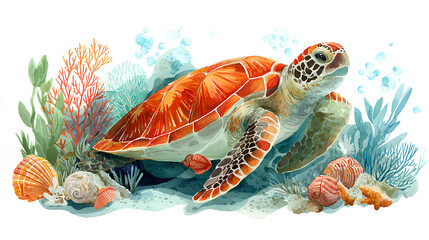Watercolor illustration of marine Turtle surrounded by underwater elements like coral, seaweed, bubbles, and shells. Drawing of marine animal for childish nursery posters or wall art. Art for baby. 