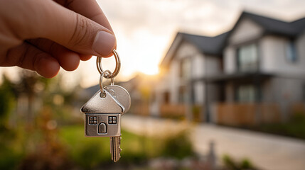Close-up of a hand holding a house key with a house-shaped key tag, in front of a modern home, symbolizing new beginnings, ownership, and a fresh chapter in life.