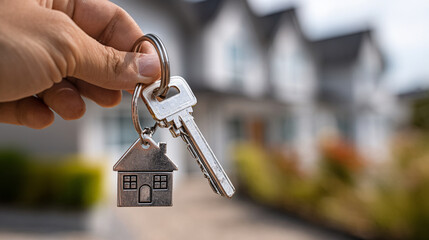 Close-up of a hand holding a house key with a house-shaped key tag, in front of a modern home, symbolizing new beginnings, ownership, and a fresh chapter in life.
