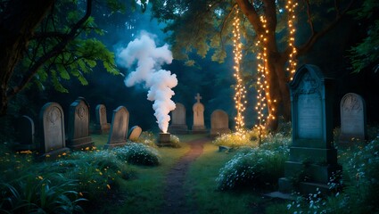 Eerie Cemetery at Night with Fog and Festive String Lights