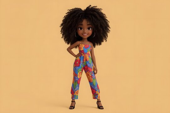 Cartoon girl in colorful jumpsuit, vibrant colors