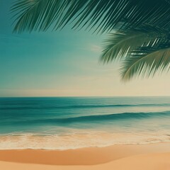Abstract blur defocused background, nature of tropical summer beach with rays of sun light. Golden sand beach, sea water and palm leaves against sky. Copy space, summer vacation.