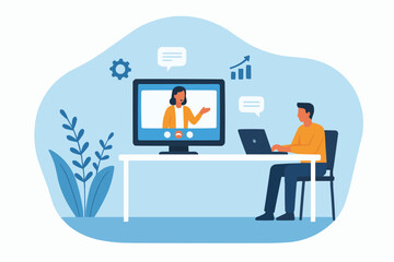 flat vector online video conference for meeting with remote technology. business team connect collaboration working concept