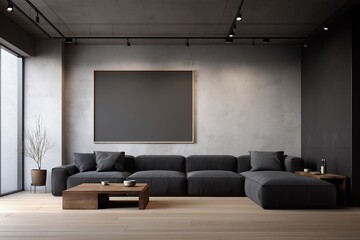Industrial-chic minimalist interior with matte black gallery rail suspending oversized blank frame, modular charcoal sofa, and exposed concrete ceiling for modern design and decor concepts. 