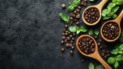 Rich Coffee Beans Basil Aromatic Spoons Fresh Brew Culinary Arts Gourmet Indulgence Dark Roast Flavorful Top View