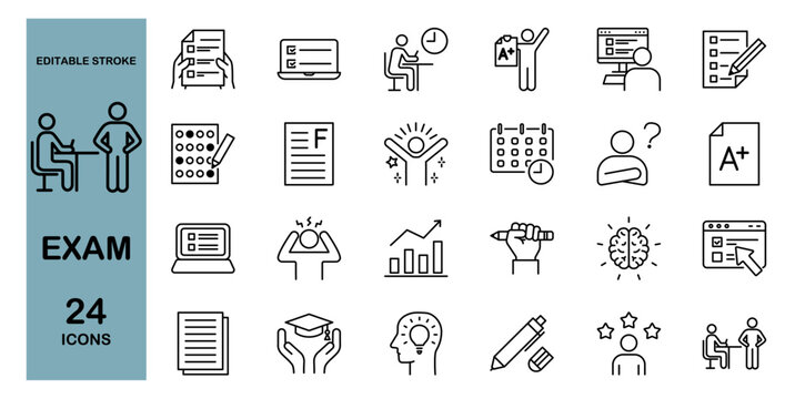 Exam line icon set – Includes test, study, education, student, learning and school. Editable stroke. Vector illustration.